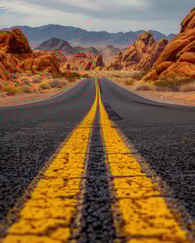 AI generated Road in the desert, yellow traffic line photo