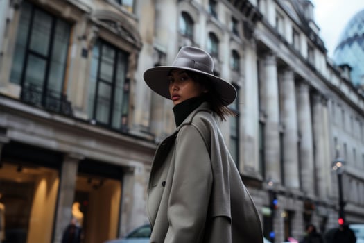 AI generated A sophisticated woman strolls down a bustling street in a fashionable coat and chic hat, exuding grace and style. photo