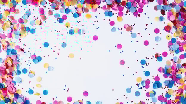 AI generated Colorful Confetti Border Frame Repeat Pattern on White Background. Copy Space, Design, Trendy, Happiness, Birthday, Wallpaper, Fun, Celebration, Decoration, Decorative photo