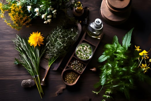AI generated Herbal and Medical Plants are arranged on a Wooden Table photo
