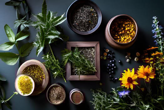 AI generated Herbal and Medical Plants are arranged on a Wooden Table photo