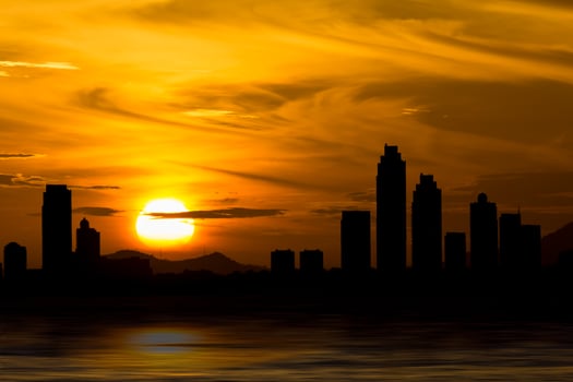 Dramatic Pattaya Thailand skyline behind clouds above the sea photo
