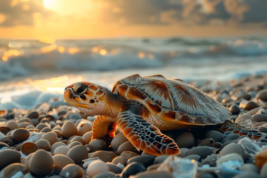 AI generated Little turtle on a beach in morning . Ai generative. photo