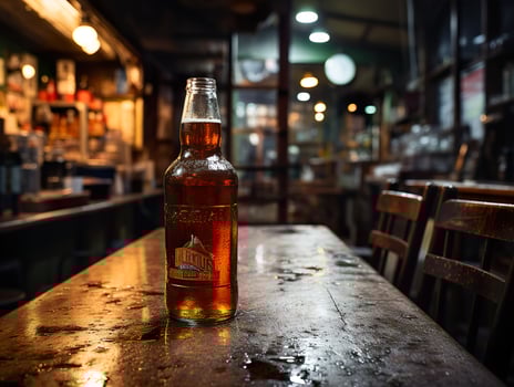 AI generated bottle of beer on the bar counter blurred background in bokeh Generative AI photo