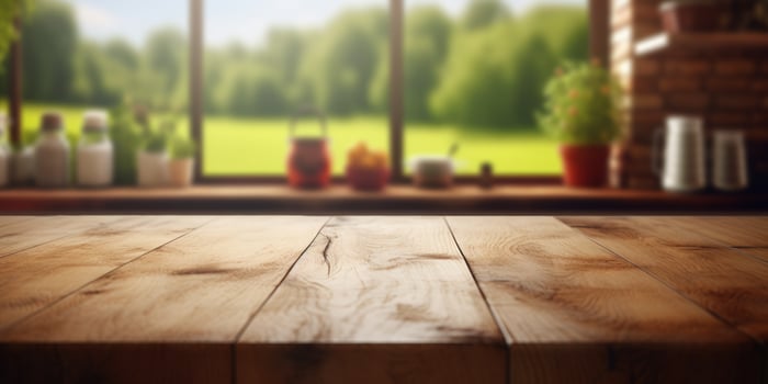 AI generated empty wooden table in the kitchen Generative AI photo
