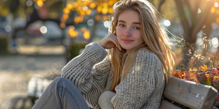 young woman in a knitted sweater on a bench in the park photo