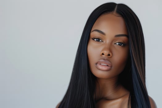 Portrait of a black girl with long black hair. Beautiful plump lips. Girl on a light gray background. From lux cosmetic brand. photo