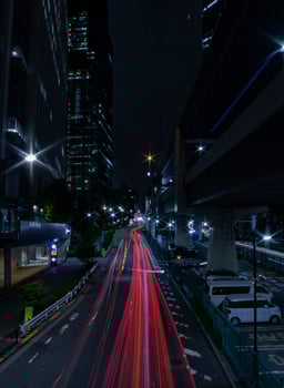 A night traffic jam at the urban street in Tokyo wide shot photo