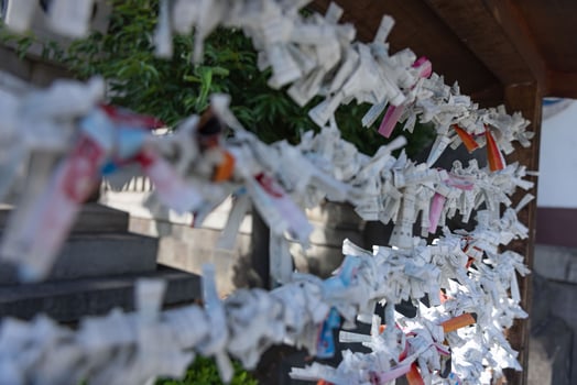 A fortune telling slip at Tomioka Shrine closeup photo