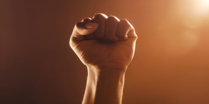 AI generated A strong and powerful image of a person raising their fist in the air, symbolizing defiance and protest. The gesture exudes empowerment and determination photo