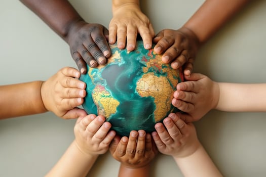 AI generated Diverse group of hands of all ages holding a world globe together photo