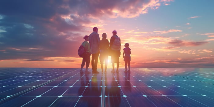 AI generated Family on solar panel field at sunset photo