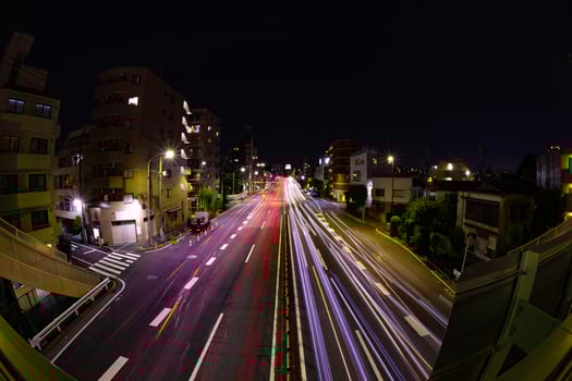 A night traffic jam at the downtown street fish-eye shot photo