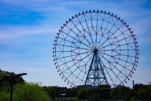 A ferris wheel at the park behind the blue sky photo