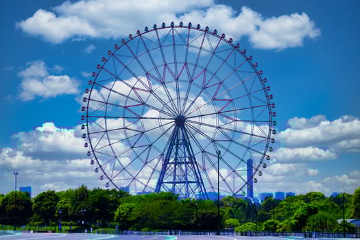 A ferris wheel at the park behind the blue sky photo