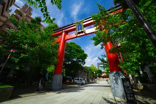 Main gate Torii at Tomioka Shrine wide shot photo