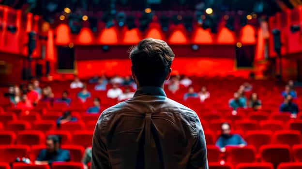 AI Generated Speaker preparing to address audience in auditorium photo