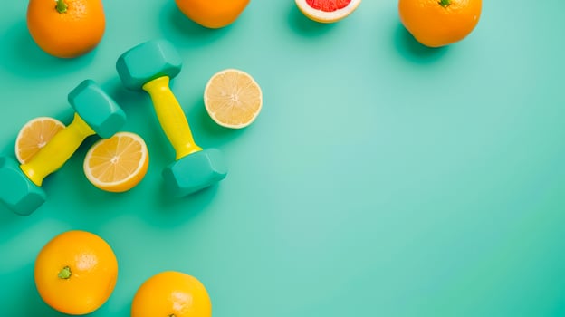 AI Generated Fresh citrus and dumbbells fitness concept photo