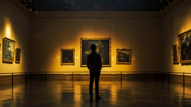 AI Generated Lone visitor contemplates paintings in the tranquil ambiance of an art gallery photo