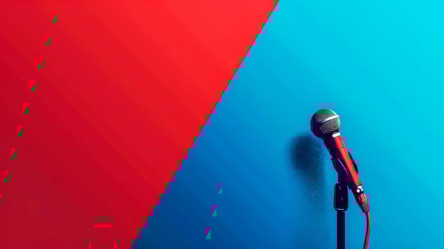 AI Generated Dynamic microphone on blue and red background photo