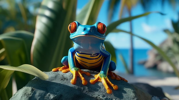 AI generated Red-eyed tree frog in natural habitat with copy space for environmental concepts photo