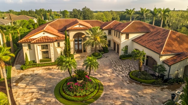 AI Generated Luxurious suburban mansion at sunset photo