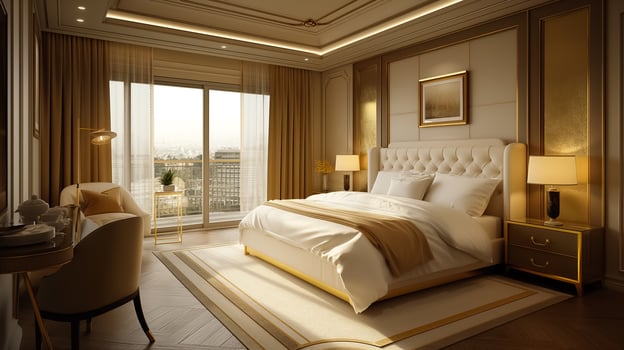 AI generated interior design of an expensive hotel room in a modern style with gold trim photo
