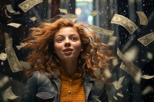 young girl under the rain of money photo