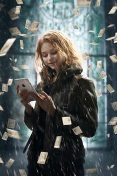 young girl under the rain of money photo