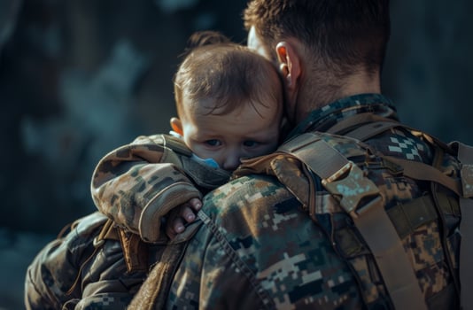 AI generated Soldier with baby in his arms. A military man and his son photo