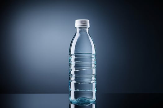 clean drinking water in a bottle against the background of a lake and mountains photo