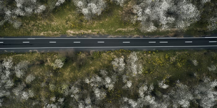 spring blossoms along the road view from above photo