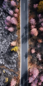 spring blossoms along the road view from above photo
