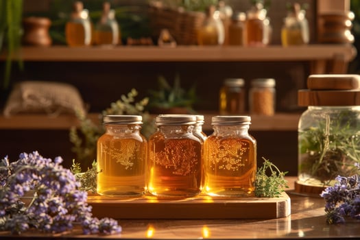 AI generated Three jars of honey with herbs on wooden table. Natural medicine photo