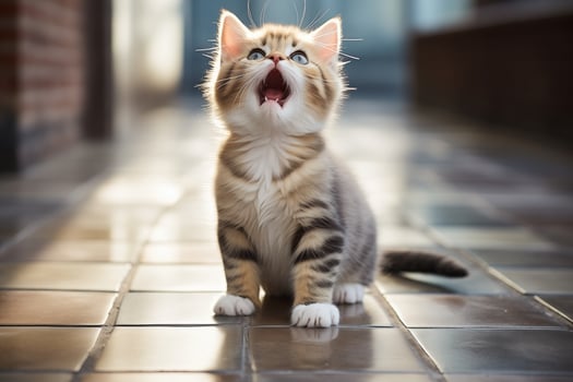 A hungry kitten meows and asks for food while sitting on the floor photo