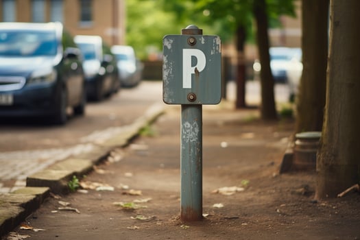 A parking sign stands in front of a row of parked cars in a lot. The vehicles are neatly aligned next to each other in an organized manner. photo