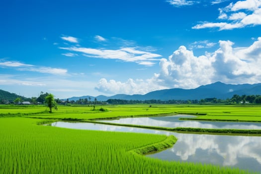 AI generated A serene view of lush green paddy fields stretching into the horizon. Generative AI photo