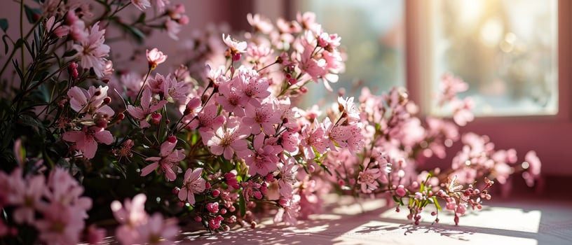AI generated A burst of cherry blossoms illuminated by warm sunlight near a window, creating a peaceful and romantic atmosphere photo