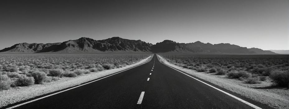 A black and white photo of a long road in the desert