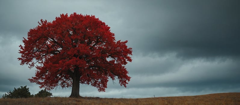 A lone red tree stands in a field under a dark sky photo
