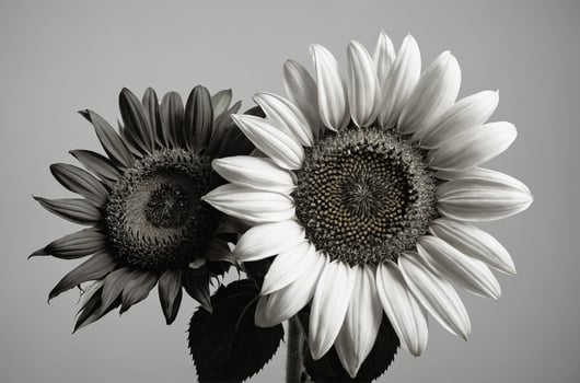 Two sunflowers are shown in black and white photo