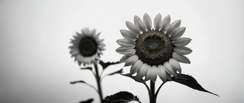 Two sunflowers are shown in black and white photo