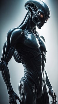 An alien with glowing eyes standing in front of a dark background photo