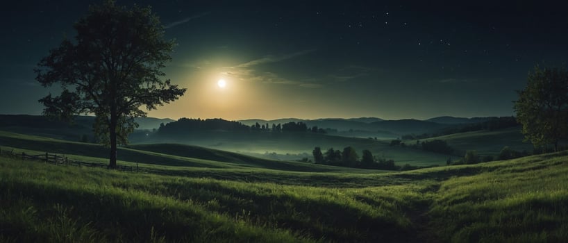A beautiful night scene with a full moon shining over a green field photo