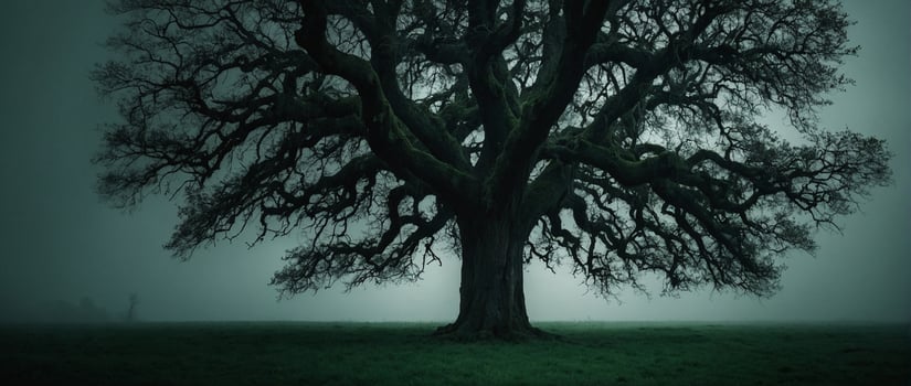 A large tree in the fog with a dark sky photo