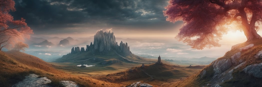 A fantasy landscape with a castle and trees photo