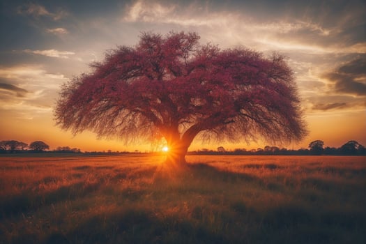 A tree in a field with the sun setting behind it photo