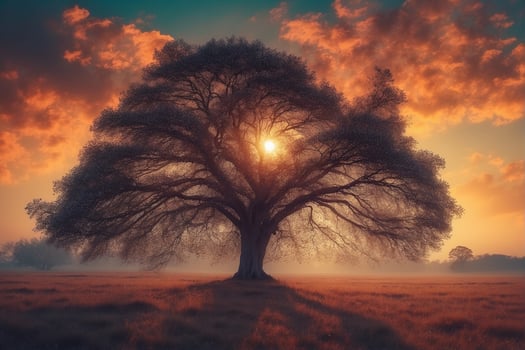 A tree in a field with the sun setting behind it photo