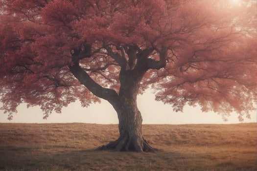 A tree with pink leaves in the middle of a field photo