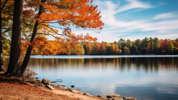 AI generated Fall scenery of a lake and forest with vibrant colors photo